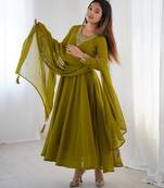 Mahendi green pure soft georgette embroidery work gown