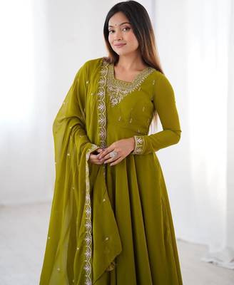 Mahendi green pure soft georgette embroidery work gown 2