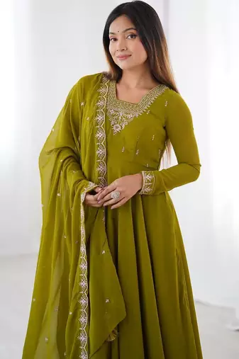 Mahendi green pure soft georgette embroidery work gown