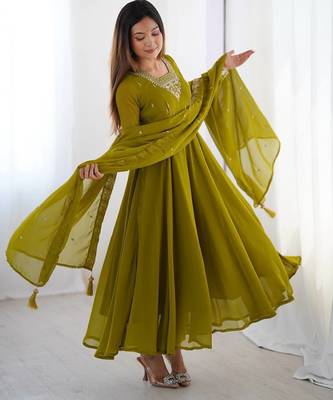 Mahendi green pure soft georgette embroidery work gown 3