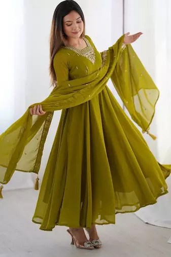 Mahendi green pure soft georgette embroidery work gown