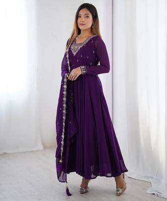 Purple pure soft georgette embroidery work gown 1