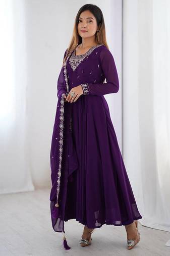 Purple color pure soft georgette embroidery work gown