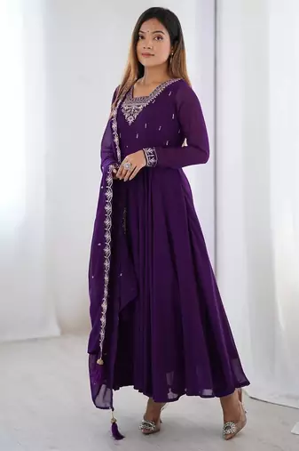 Purple color pure soft georgette embroidery work gown