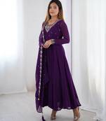 Purple pure soft georgette embroidery work gown
