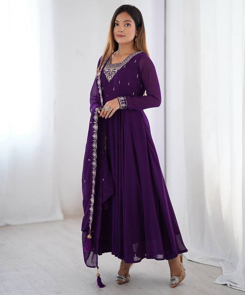 Purple color pure soft georgette embroidery work gown