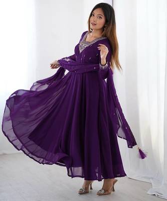 Purple pure soft georgette embroidery work gown 2