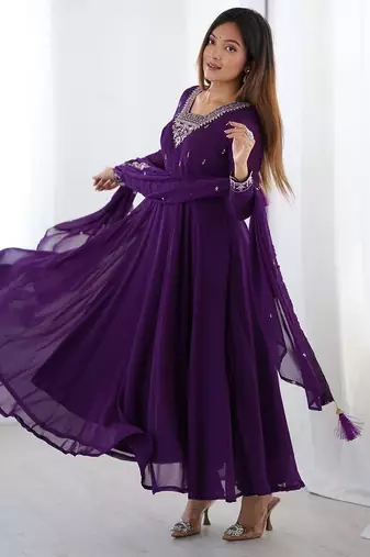 Purple pure soft georgette embroidery work gown
