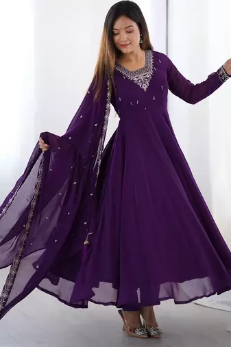 Purple pure soft georgette embroidery work gown