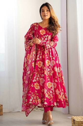 Multi color pure soft organza silk digital print party wear gown