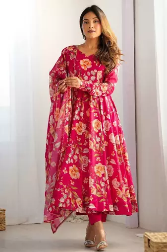 Multi color pure soft organza silk digital print party wear gown