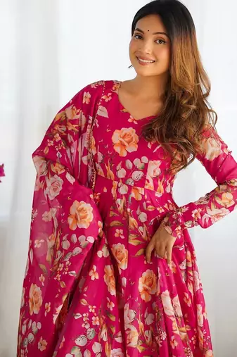 Multi pure soft organza silk digital print party wear gown