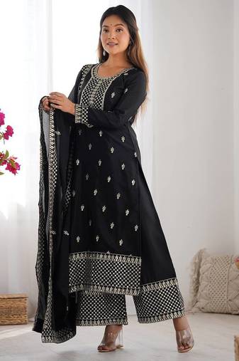 Black color pure chinnon silk embroidery work functional wear salwar suit