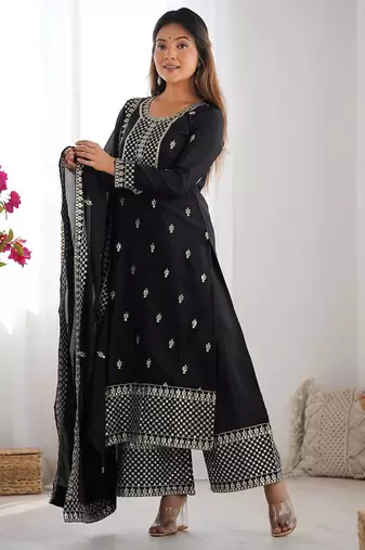 Black color pure chinnon silk embroidery work functional wear salwar suit