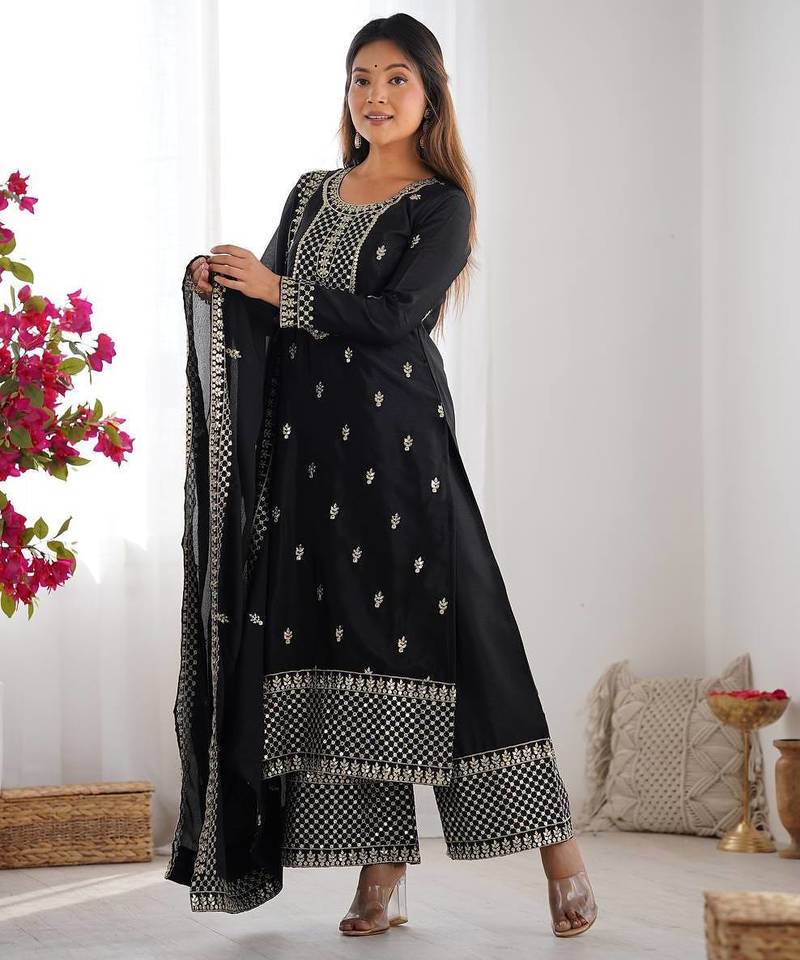 Black color pure chinnon silk embroidery work functional wear salwar suit