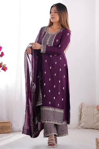 Wine color pure chinnon silk embroidery work functional wear salwar suit