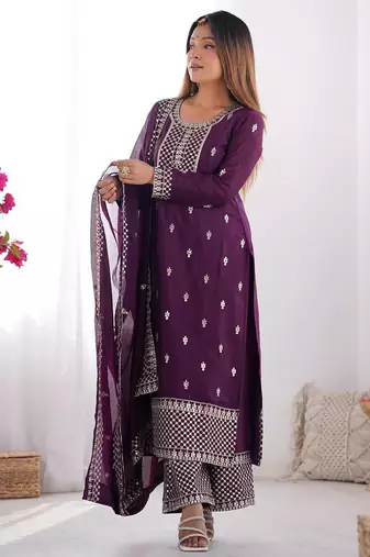 Wine color pure chinnon silk embroidery work functional wear salwar suit