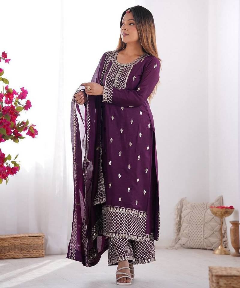 Wine color pure chinnon silk embroidery work functional wear salwar suit