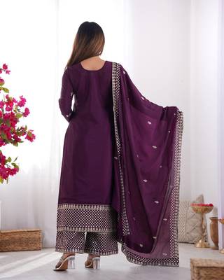 Wine pure chinnon silk embroidery work functional wear salwar suit 2