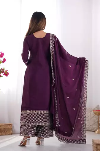Wine pure chinnon silk embroidery work functional wear salwar suit