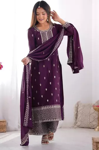 Wine pure chinnon silk embroidery work functional wear salwar suit