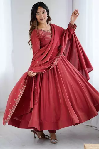 Brown pure roman silk party wear designer gown
