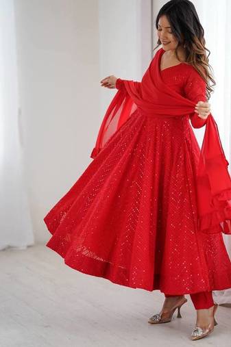Red color heavy embroidery work georgette fabric wedding wear gown