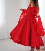 Red heavy embroidery work georgette fabric wedding wear gown