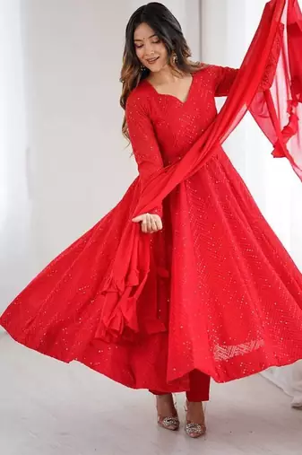 Red heavy embroidery work georgette fabric wedding wear gown