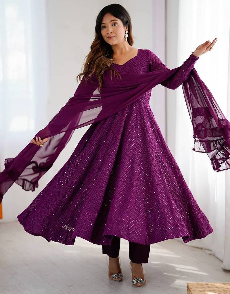 Wine color heavy embroidery work georgette fabric wedding wear gown