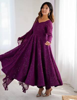 Wine heavy embroidery work georgette fabric wedding wear gown 4