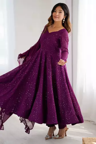 Wine heavy embroidery work georgette fabric wedding wear gown
