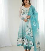 Aquablue soft organza silk digital print party wear gown