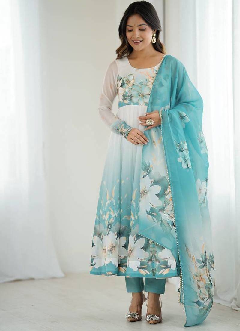 Aquablue color soft organza silk digital print party wear gown