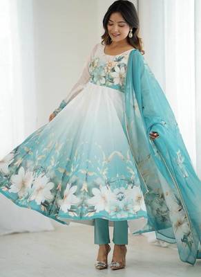 Aquablue soft organza silk digital print party wear gown 3