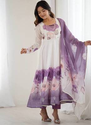 Violet soft organza silk digital print party wear gown 1