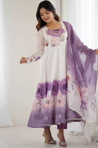 Violet color soft organza silk digital print party wear gown