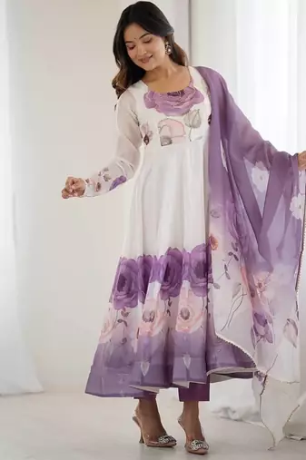 Violet color soft organza silk digital print party wear gown