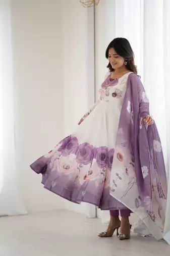 Violet soft organza silk digital print party wear gown