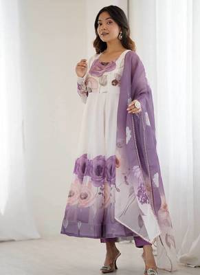 Violet soft organza silk digital print party wear gown 4