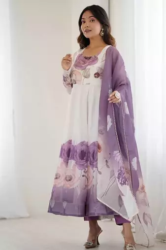 Violet soft organza silk digital print party wear gown