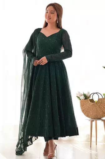 Green color faux georgette embroidery work wedding wear gonw