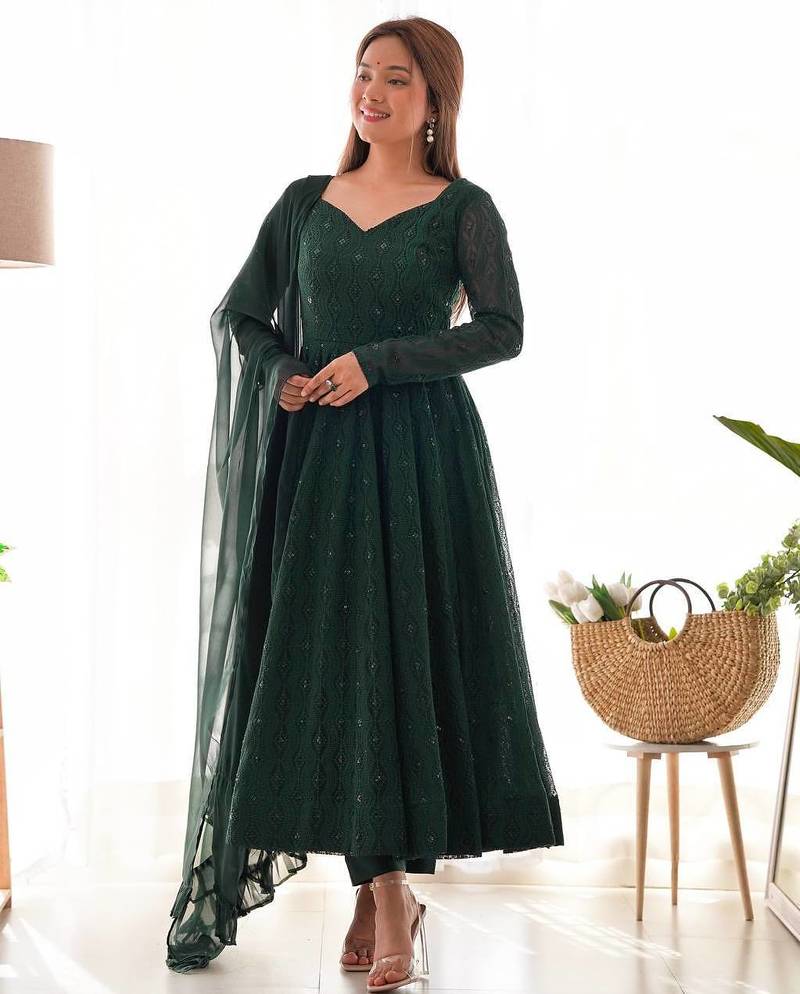 Green color faux georgette embroidery work wedding wear gonw