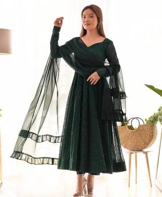 Green faux georgette embroidery work wedding wear gonw 3