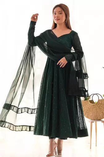 Green faux georgette embroidery work wedding wear gonw