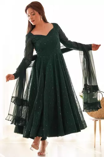 Green faux georgette embroidery work wedding wear gonw