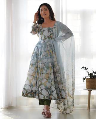 Multi pure soft organza silk digital print party wear gown 1