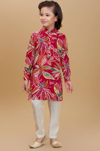 Red rayon woven printed kurta and pant set