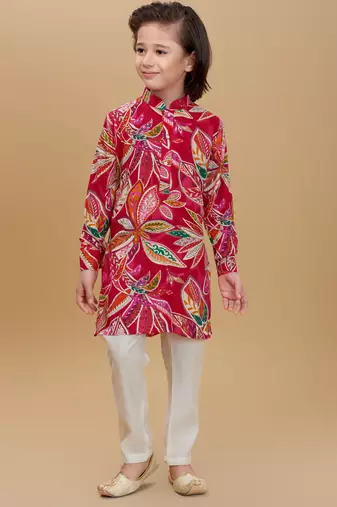 Red rayon woven printed kurta and pant set
