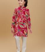 Red rayon woven printed kurta and pant set